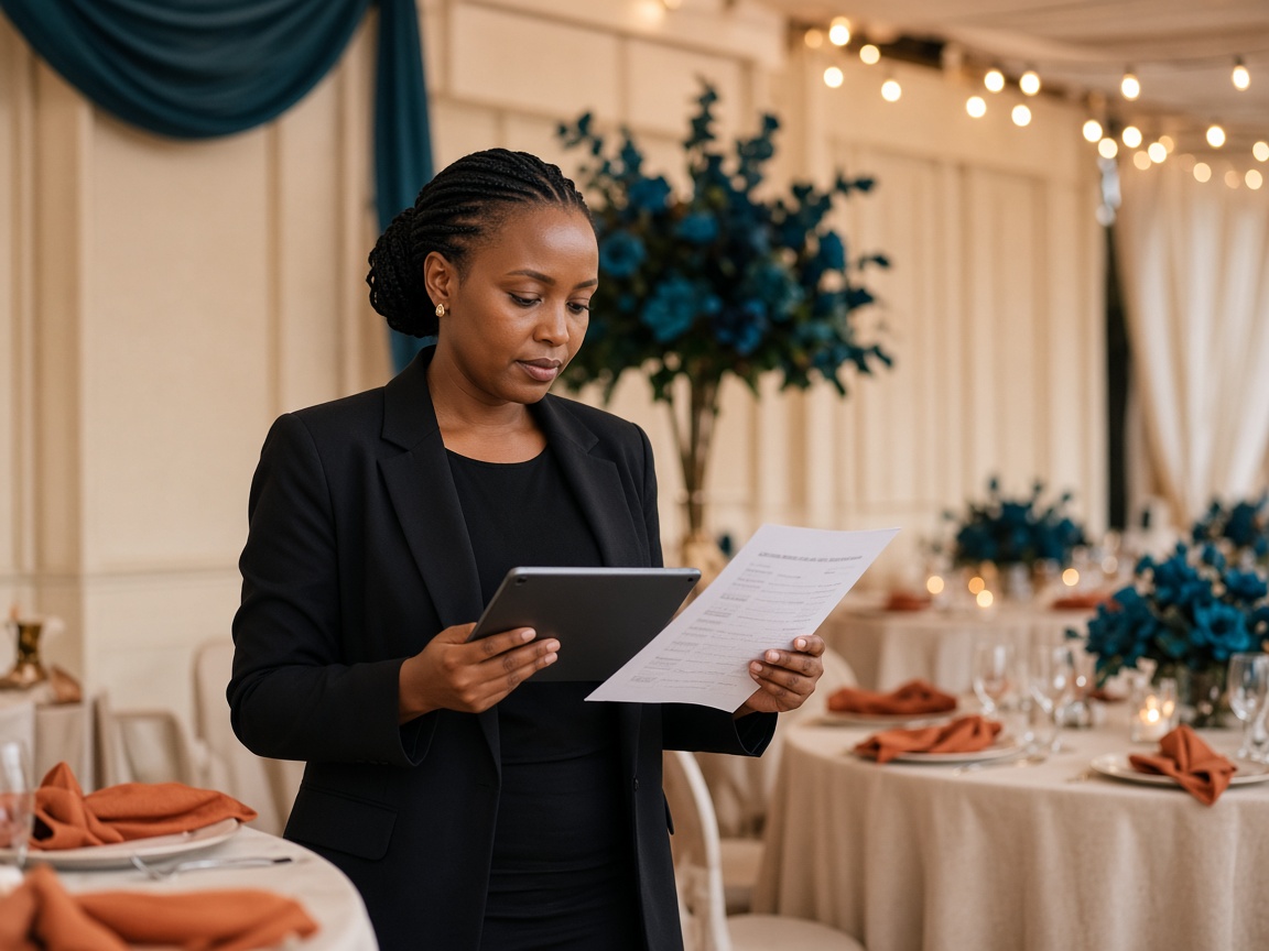 Event coordinator reviewing a run-of-show at a decorated venue in Kigali