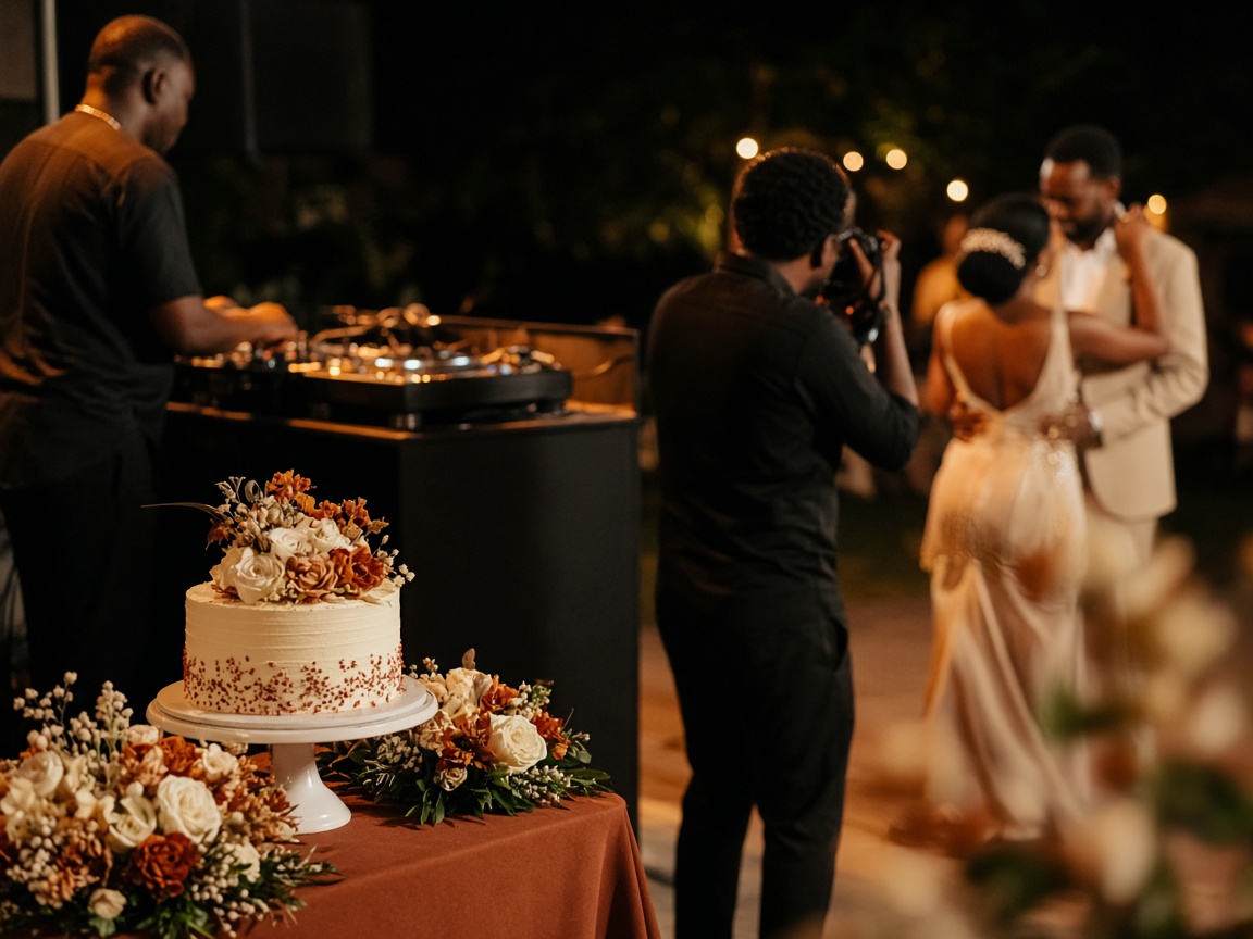 DJ booth, photographer, and cake table at a night celebration