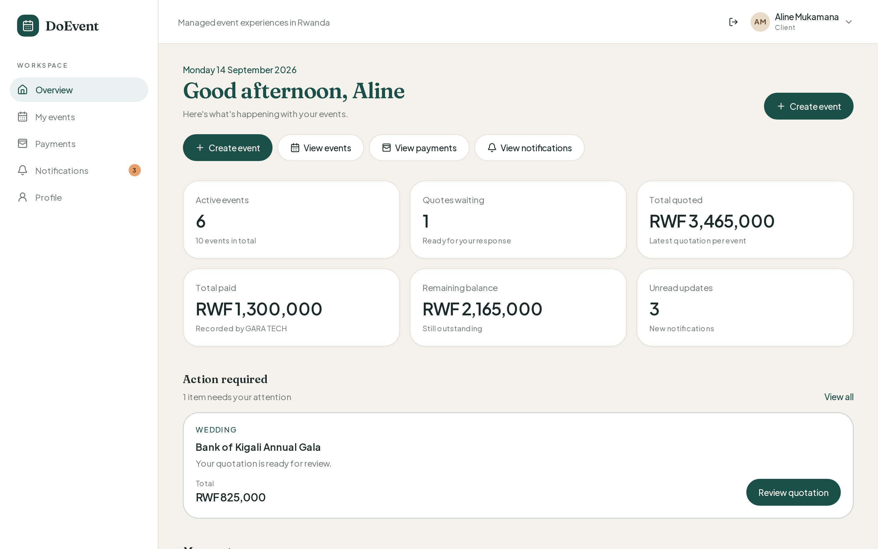 DoEvent client overview for Aline Mukamana showing active events, quotations, and a wedding quote ready for review