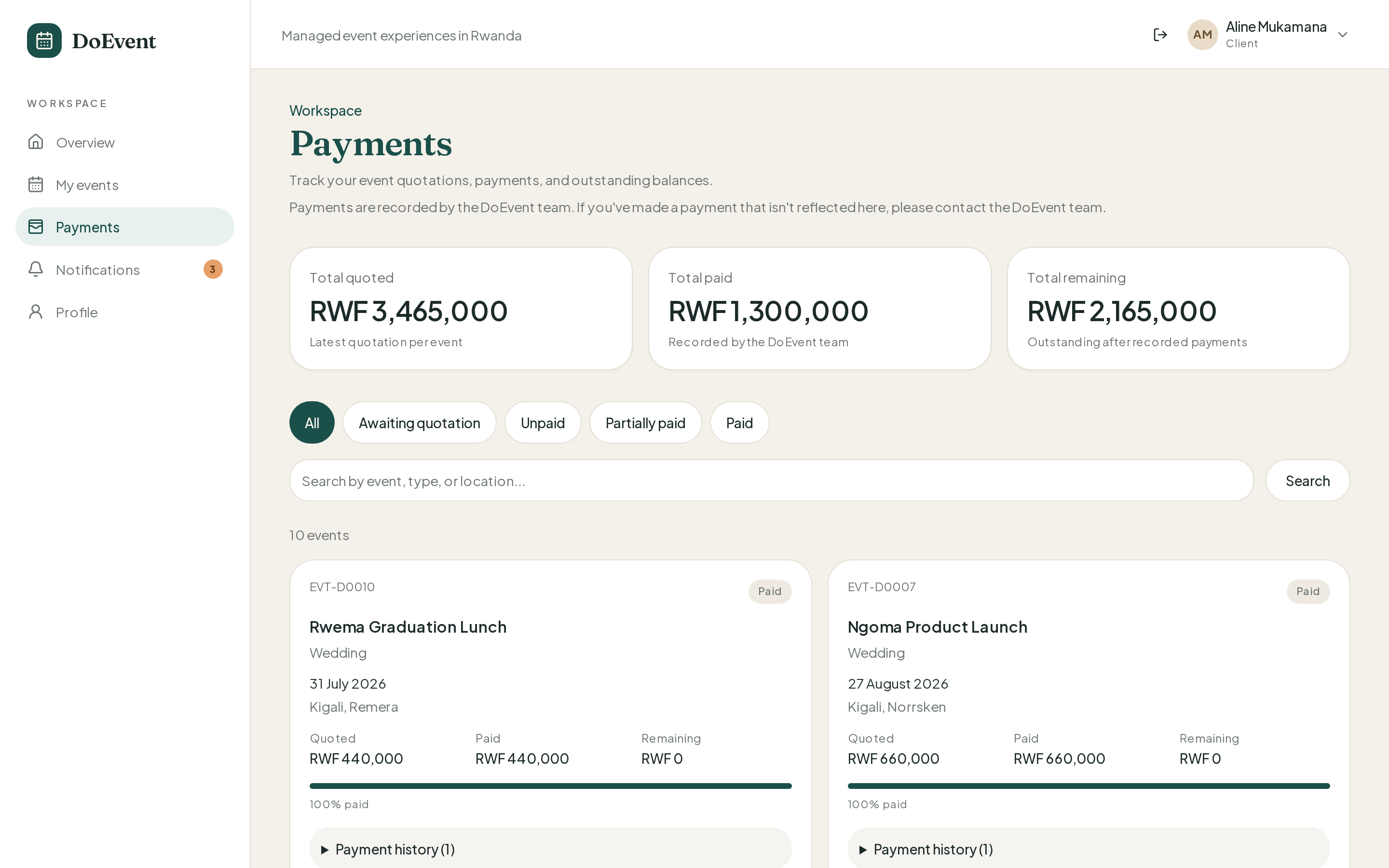 DoEvent payments screen showing quoted, paid, and remaining balances in RWF
