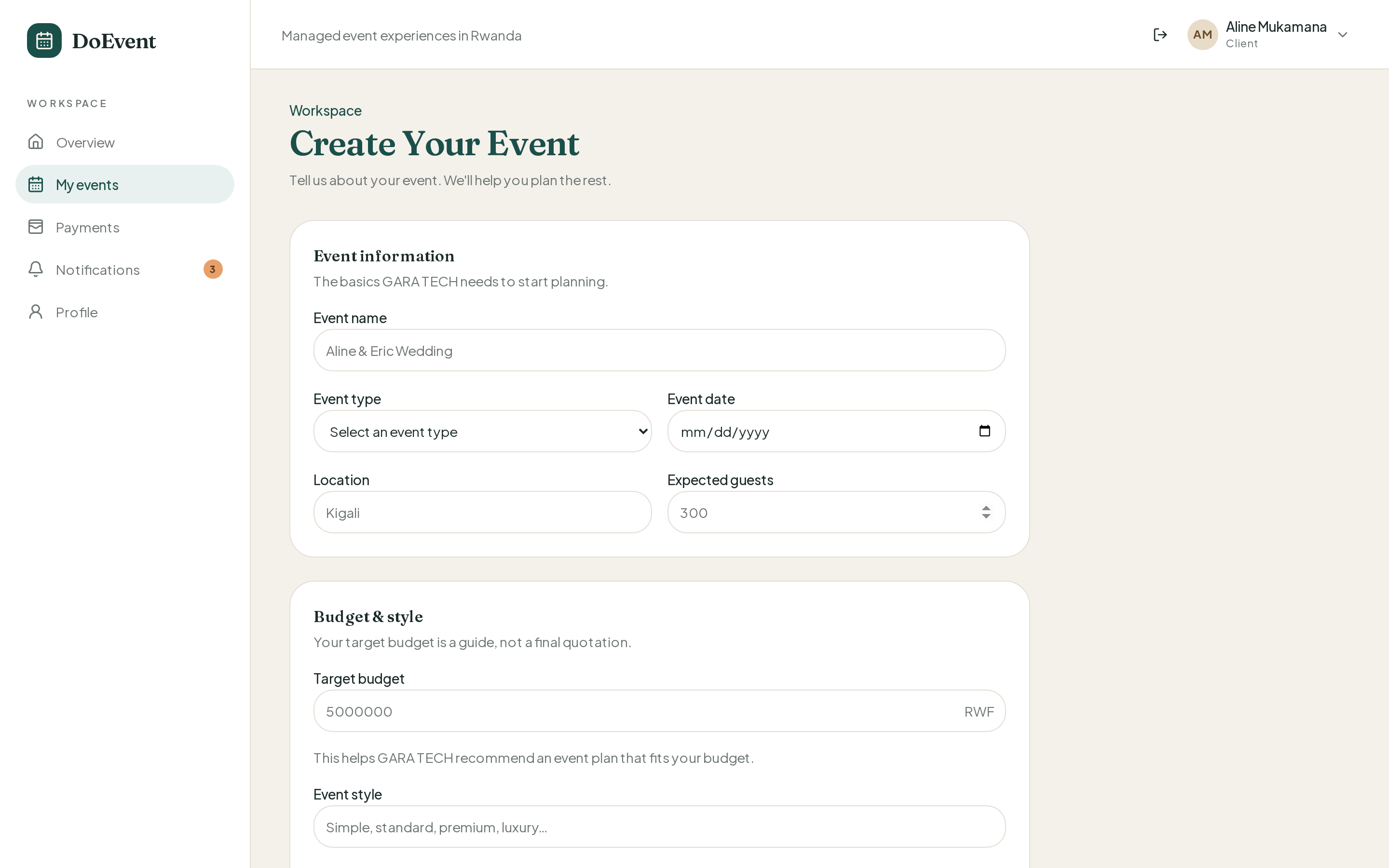 Create event form in DoEvent with event name, type, location, guests, and budget