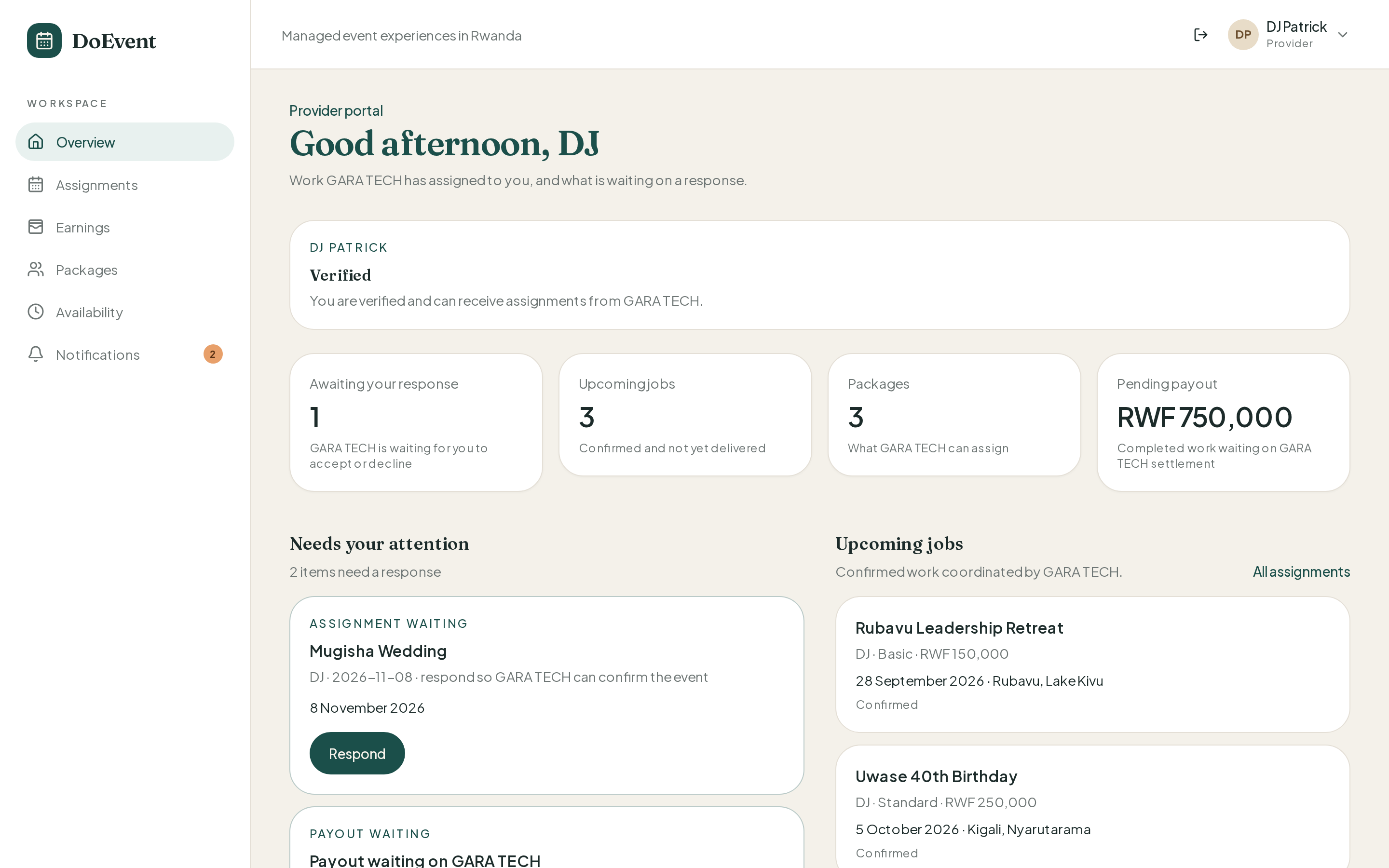 Provider portal for DJ Patrick with assignments waiting and upcoming jobs