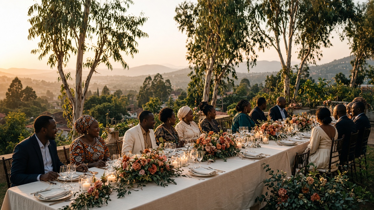 Outdoor wedding reception table with cream linen, terracotta flowers, and golden-hour light